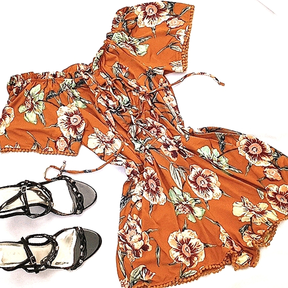 Pom pom trim Floral Short Romper